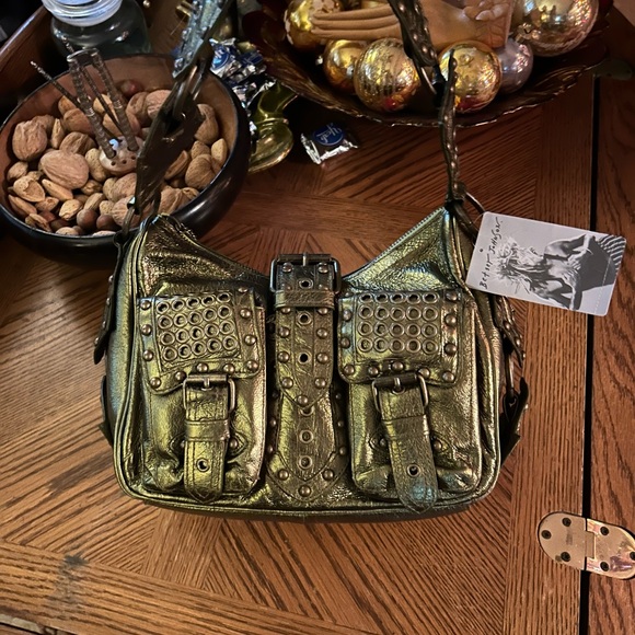 Vintage BETSEY JOHNSON Olive Heavy Metal Studded Satchel Handbag - Picture 4 of 16